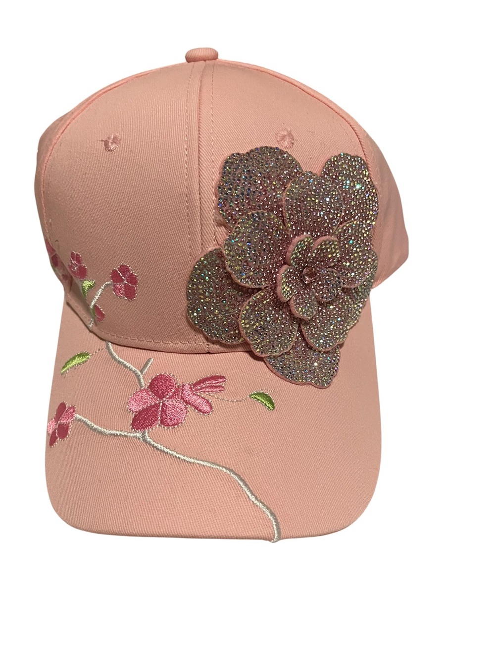 Hand embellished olive green distressed baseball cap featuring a dramatic